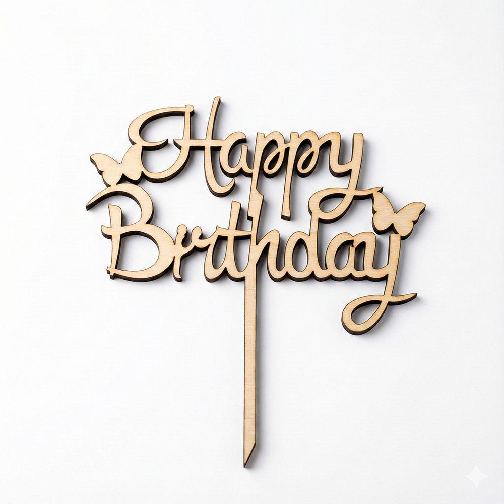TOU-0004_small Drewniany topper na tort z napisem Happy Birthday ozdobiony dwoma motylami, wykonany ze sklejki.