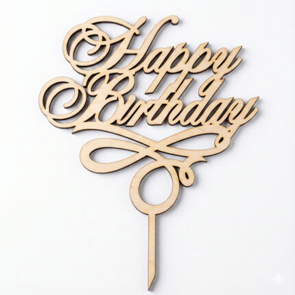 Elegancki topper na tort z kaligraficznym napisem Happy Birthday i ozdobnymi zawijasami.