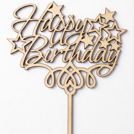 Topper na tort z napisem Happy Birthday, zdobiony gwiazdkami, wykonany ze sklejki 3mm.