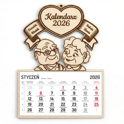 Duży wiszący kalendarz drewniany na rok 2026 dla Babci i Dziadka z ozdobnym banerem w kształcie serca z imionami i grafiką.
